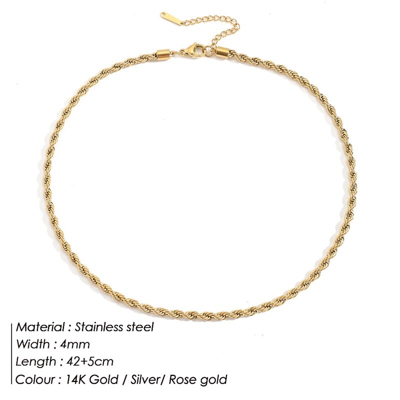 Collar de cadena de acero inoxidable para mujer y hombre, cadena trenzada de Color dorado, 3mm/4mm, joyería: 4MM  42CM / Rose Gold Color