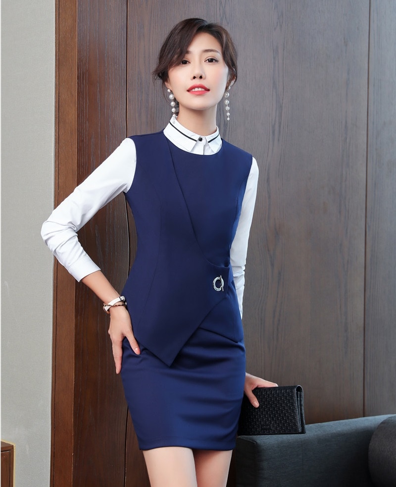 Mode Blauwe Vest & Vest Vrouwen Pakken Tweedelige Rok en Top Sets Office Dames Werkkleding Uniformen OL stijlen