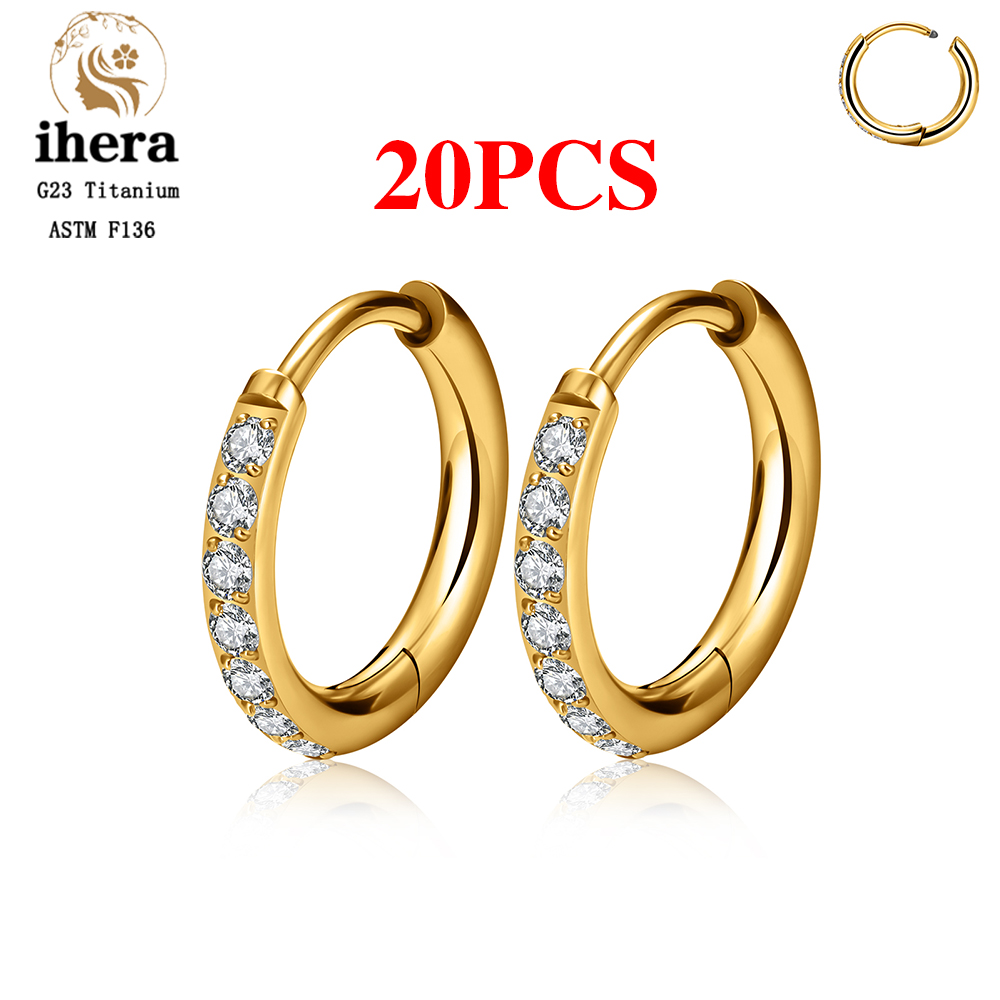 2/20 piezas G23 Piercing de titanio pendientes redondos aros con hebilla de oreja de circón mujeres oreja Tragus cartílago hélice Piercing joyería: Blanco / COLOR ORO ROSADO