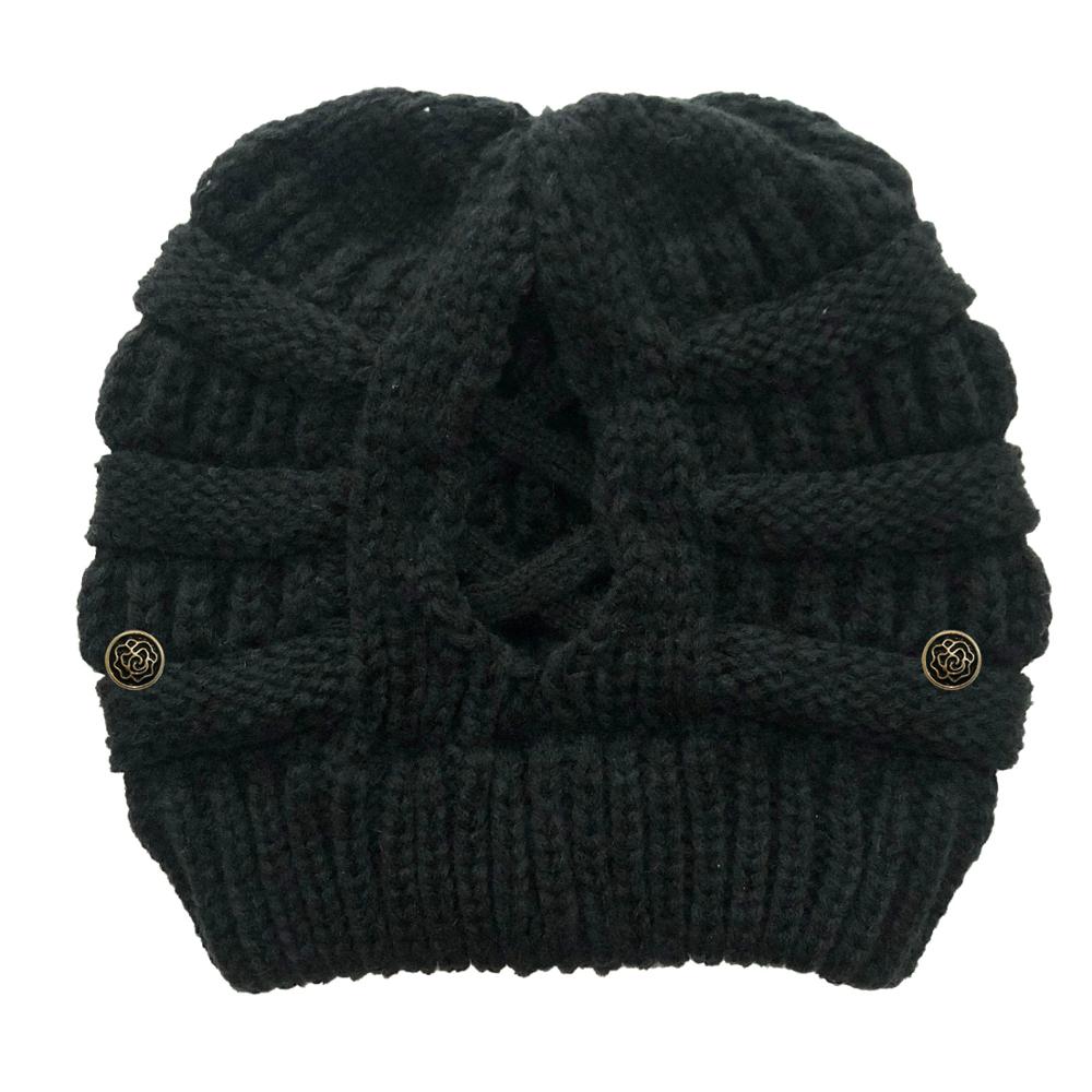 Cola de Caballo cruzada desmontable con botón para mascarilla, gorro de punto con apertura trasera, hilo de lana cálido, , producto: Negro