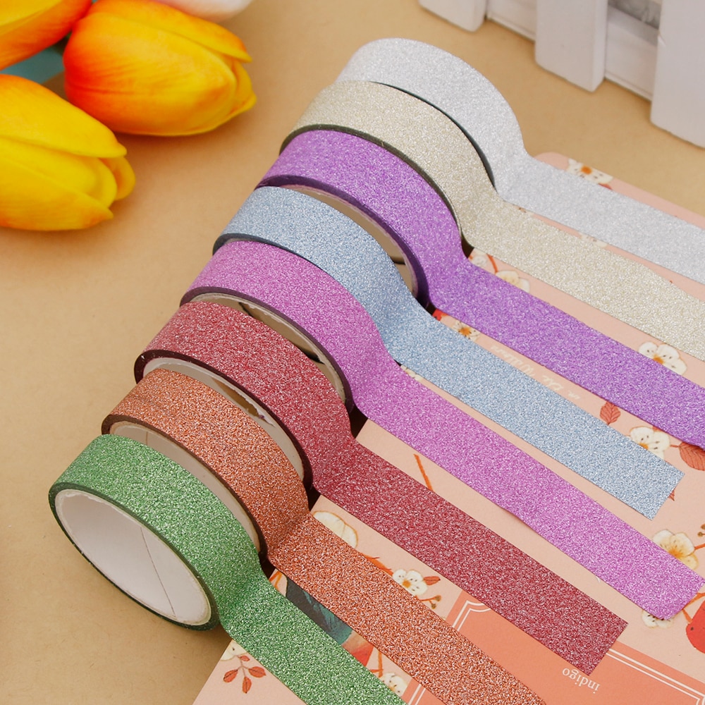 Ensemble de rubans adhésifs Washi à paillettes de 15mm * 5m, papeterie japonaise, rubans adhésifs décoratifs pour Scrapbooking, Kawai Adesiva