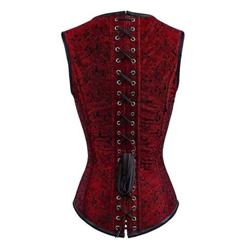 Gothic Steampunk Costume Waist Trainer Underbust Waist Cincher Claret Black Jacquard Top Bustier Corsets For Women Plus Size 2XL