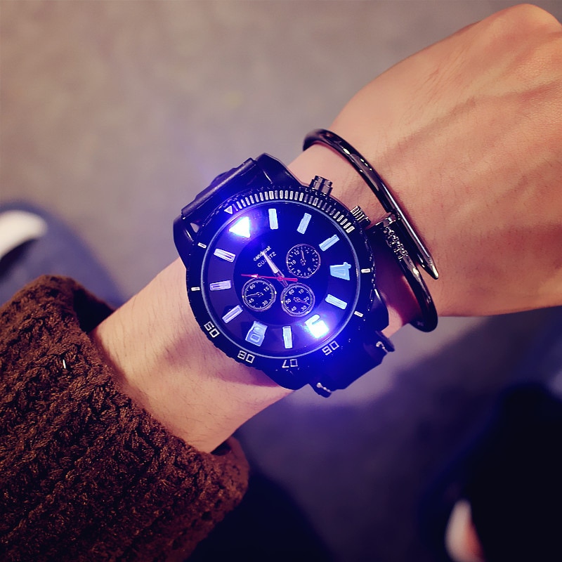 Mænd kvinder sports ure 7 farve led lys glød ure silikone band kvarts ure bedste reloj hombre
