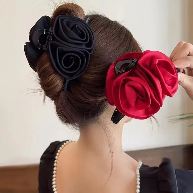 Pinzas en forma de garra para el pelo con flor de Rosa doble francesa para mujeres y niñas, accesorios para el pelo de tiburón hechos a mano de tela sólida satinada Vintage, nuevos