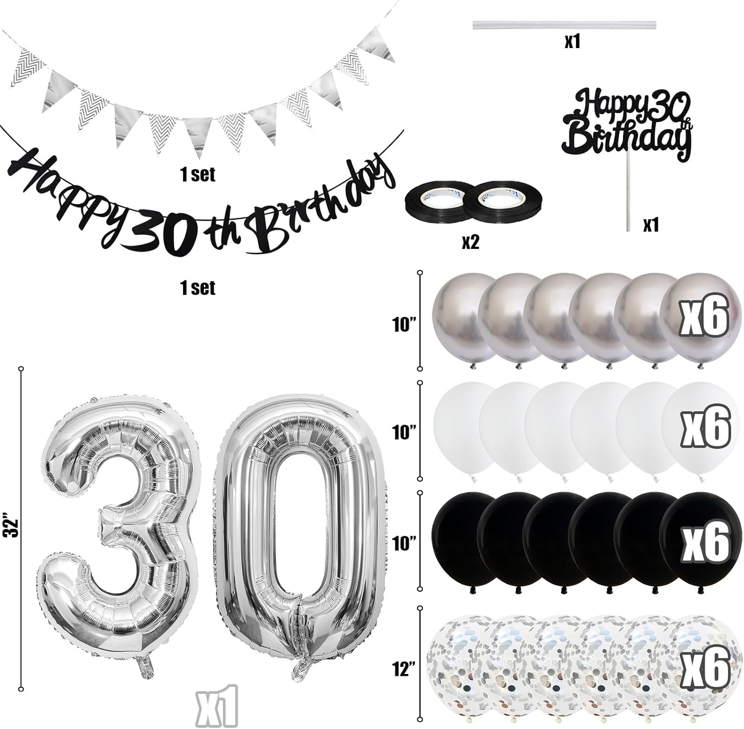 50 decoraciones de de cumpleaños para mujeres y hombres, pancarta de feliz 30, 40 y 60 cumpleaños, globos, suministros para decoración de tartas, color negro, plateado y blanco: RUBY