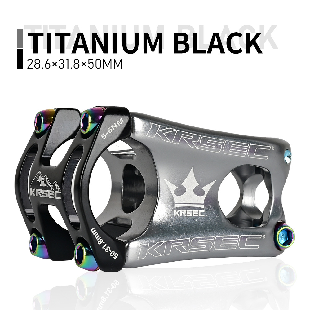 KRSEC bicycle stem mtb stem ultra-light CNC hollow aluminum alloy short stem DH/FR/XC/AM 31.8*28.5*50mm riser bicycle parts: Titanium and black