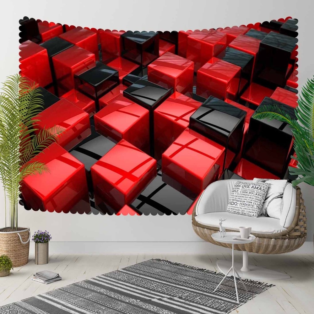 Else Red Black Abstract Cubes Box Geometric 3D Pat... Vicedeal