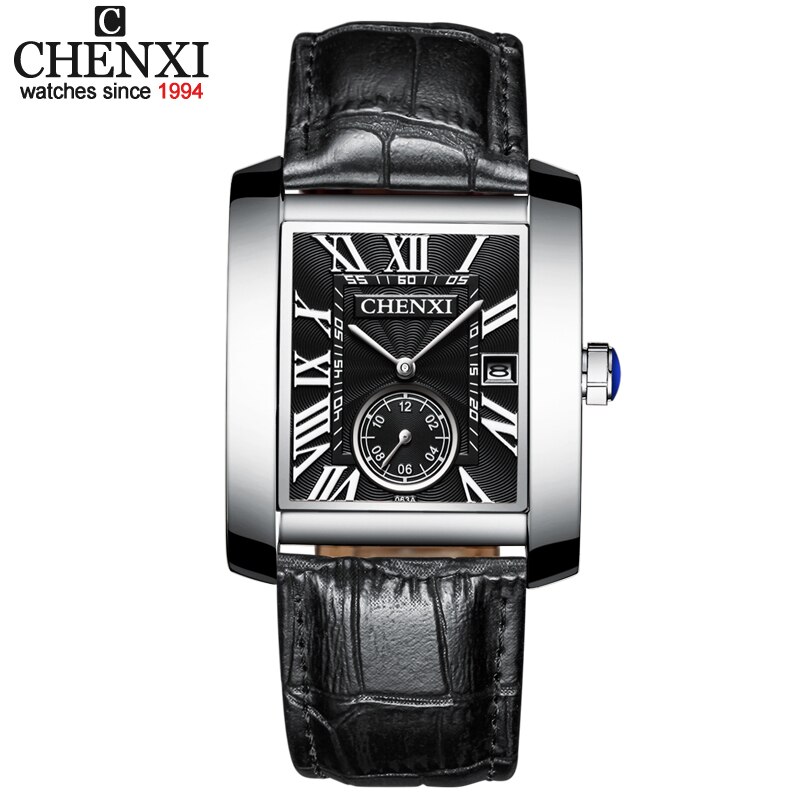 Chenxi firkantet ur herreure analoge kvarts armbåndsure herre læder vandtæt dato kronograf montre homme: Sort