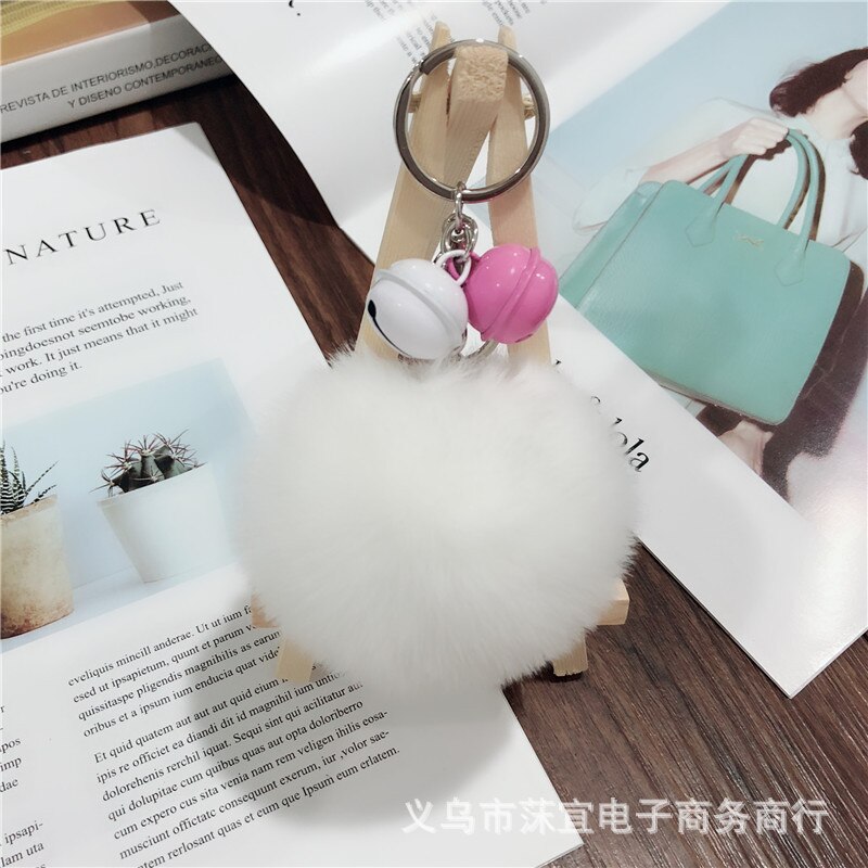 -love 8cm faux rex kanin pom-pom nøglering tiy kontrast farve klokke par taske tilbehør sydkorea små smykker tilbehør: Hvid