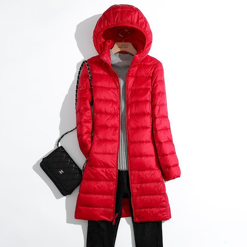 Chaqueta acolchada larga ultraligera y plegable para mujer, abrigo ajustado coreano con capucha, talla grande 5xl 6xl 7xl, otoño e invierno: 7 XL / Rojo