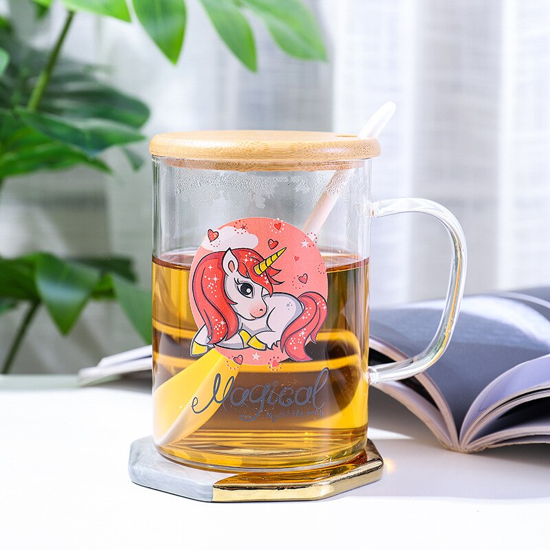 Vaso bonito de unicornio de dibujos animados de 500ML con tapa y cuchara y Asa taza creativa de cristal de leche transparente taza de té taza de desayuno: B