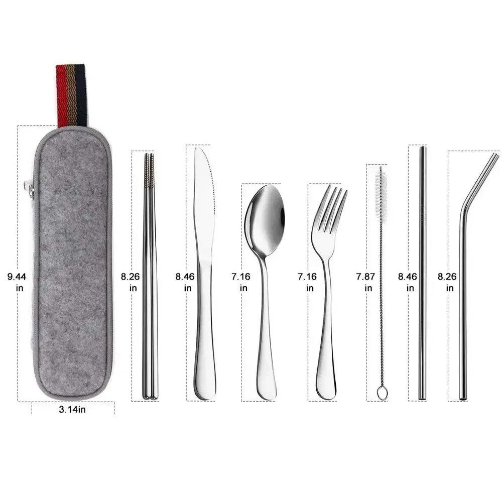 8 pçs/set utensílios de mesa reutilizáveis conjunto de talheres de viagem conjunto de utensílios de acampamento com colher de aço inoxidável garfo pauzinhos palha caso portátil