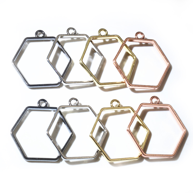 10 unidades, bandeja colgante de resina epoxi hexagonal de 29x28mm con marco metálico hueco de aleación de Zinc para accesorios de fabricación de joyas DIY