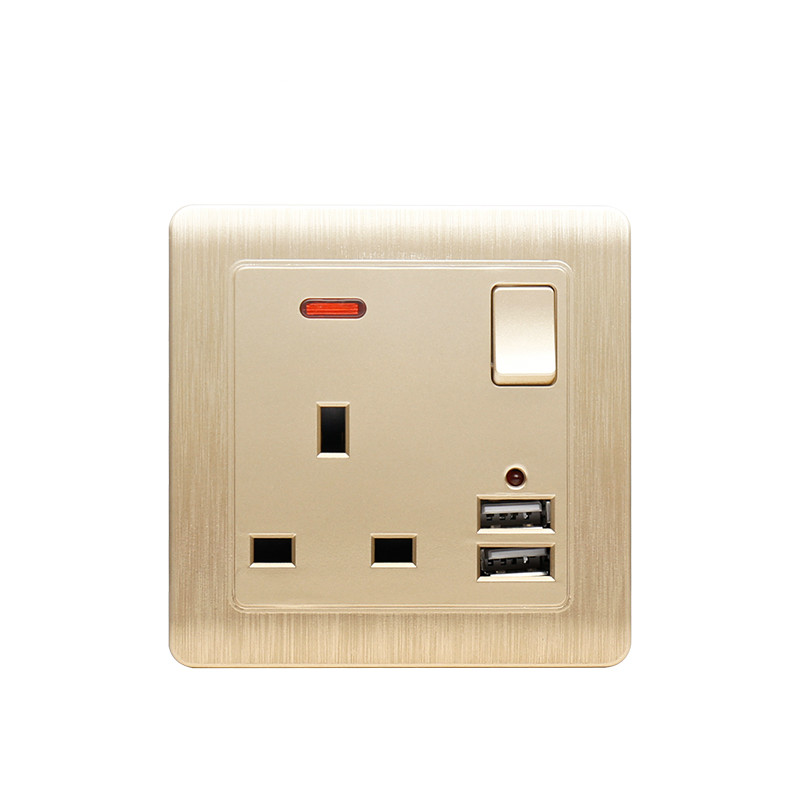 UK standard wall power socket Double usb British socket Switch control 2.1A Wall Charger Adapter Plug Socket: gold