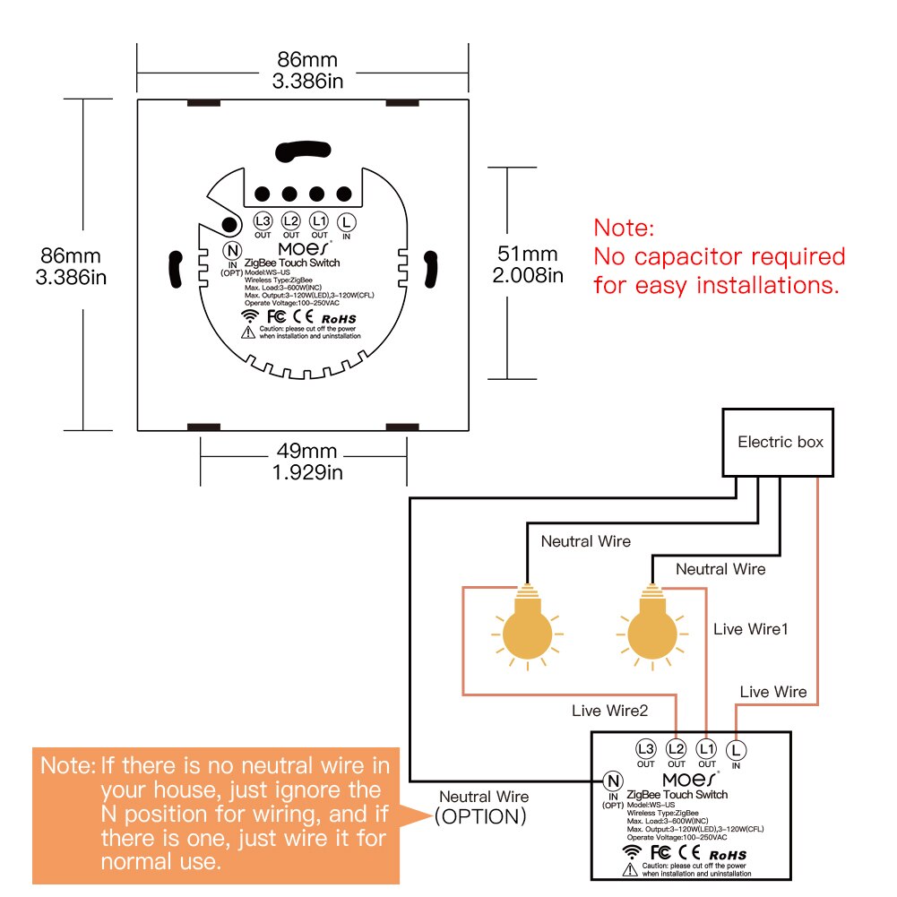 Zigbee-wand-touch-lichtschalter mit/ohne neutralleiter, ohne kondensator, kompatibel mit smart life/tuya, alexa und google hub erforderlich