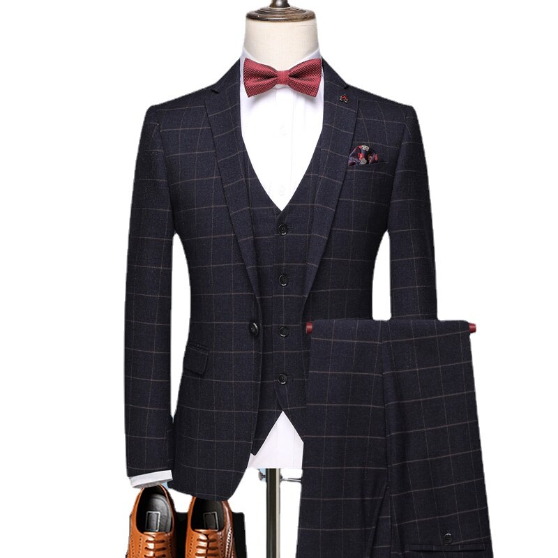 ( Jacket + Vest +Pants ) Boutique Black Plaid Men's Formal Business Suit Three-piece Groom Wedding Dress Party Show Suit