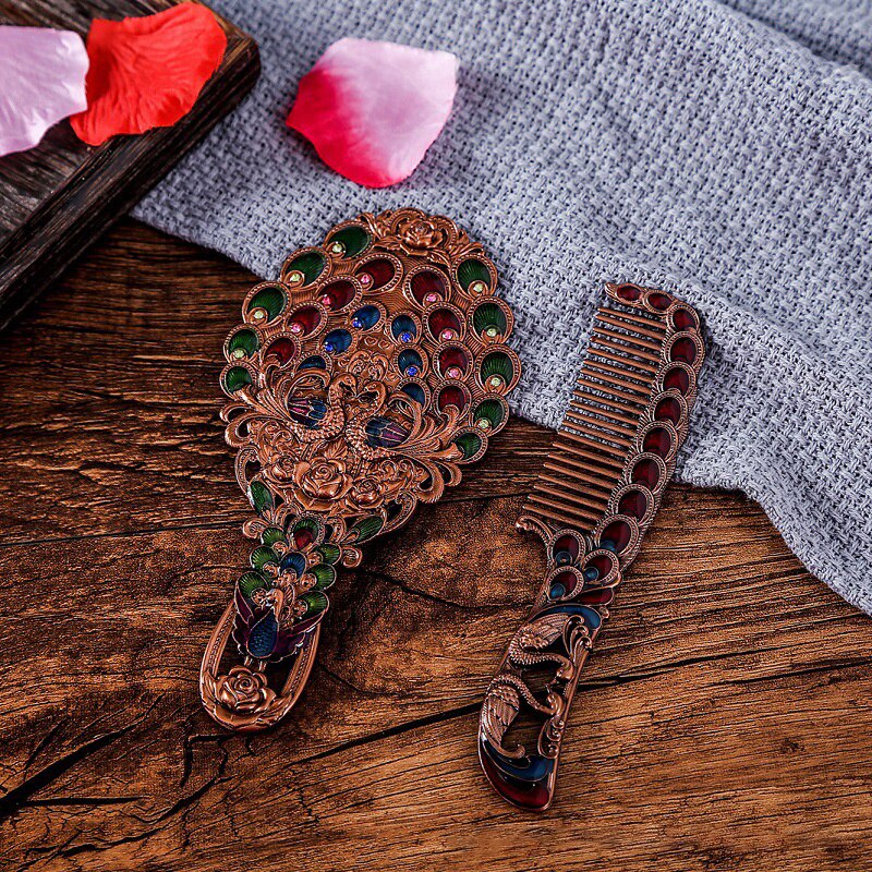 Makijaż lustro chiński Vintage Hollow-out rzeźba Rhinestone lustro zestaw grzebieni z pudełko eleganckie z kieszeniami lustro dla kobiet