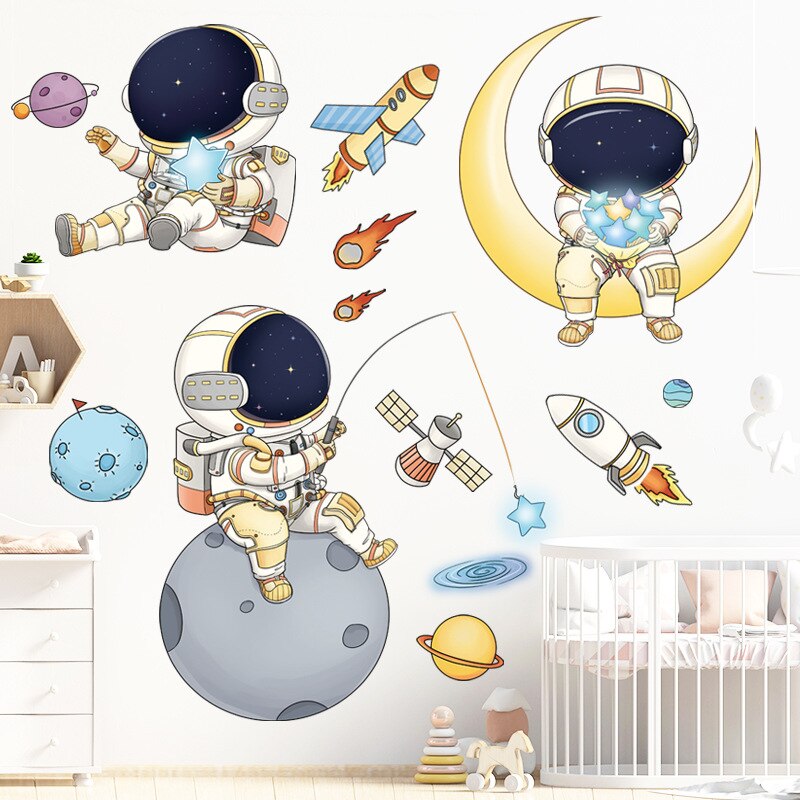 Vægoverføringsbilleder, søde tegneserie rumskibsplaneter og astronauter selvklæbende vægklistermærker til dekoration af børneværelset