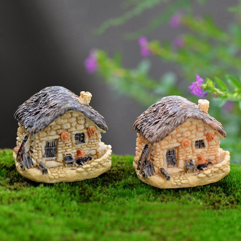 1 stk miniature havearbejde landskab mikro landsby stenhuse miniaturebillede hus stråtækt hytter til haveindretning tilfældig farve