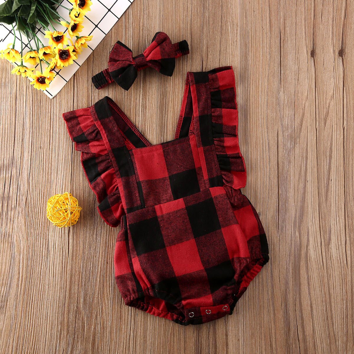 Baby Summer Clothing Newborn Baby Boy Girl Christmas Red Plaid Bodysuit Headband 2Pcs Outfit Xmas Set Ruffled Sleevless Set