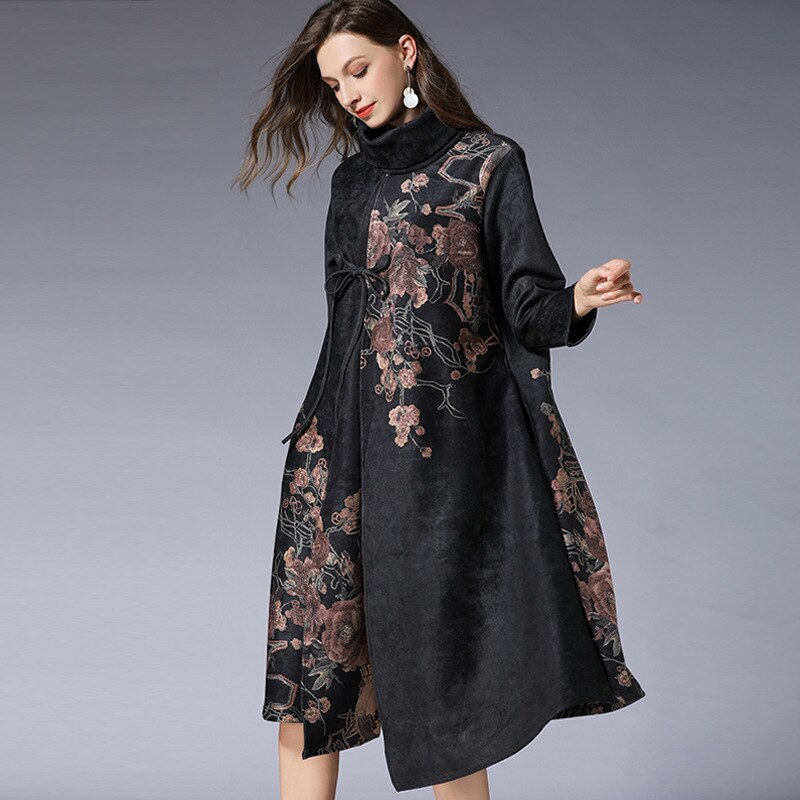 Robes d'hiver femmes grande taille robe orientale rouge col haut manches longues robe en daim Midi élégantes robes chinoises AA4441: 2 / XL