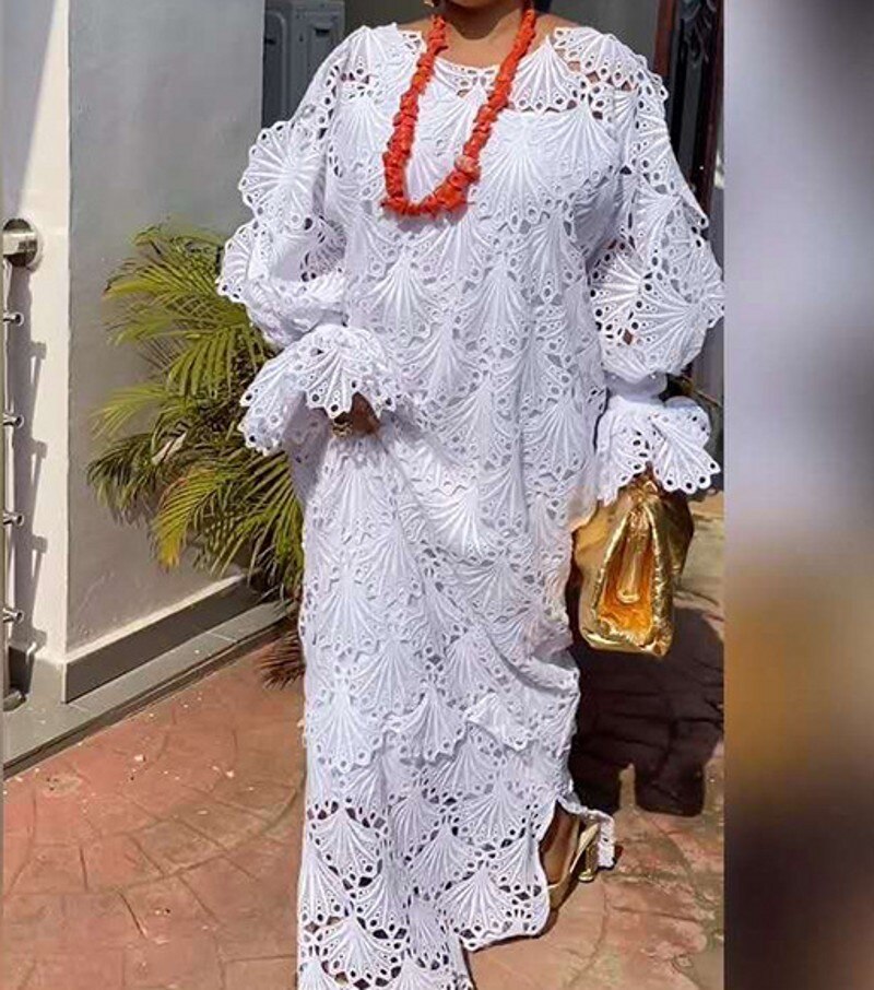 2 Stuks Sets Super Size Lace Jurken Afrikaanse Vrouwen Dashiki Mode Water Oplosbare Kant Losse Kralen Borduren Lange jurk: Default Title