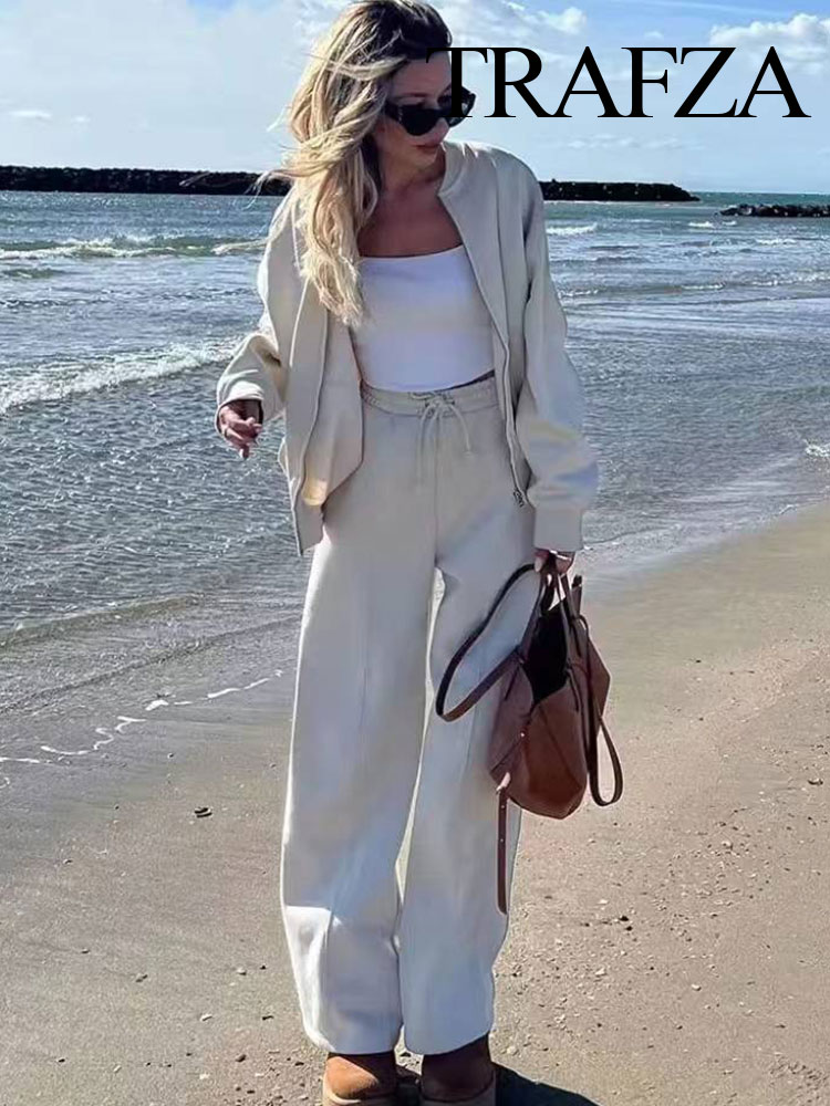TRAFZA, chaqueta Bomber con cremallera de Color sólido Retro de 2 piezas para mujer, sudadera + traje de pantalones sueltos de terciopelo con cordones de cintura alta para mujer