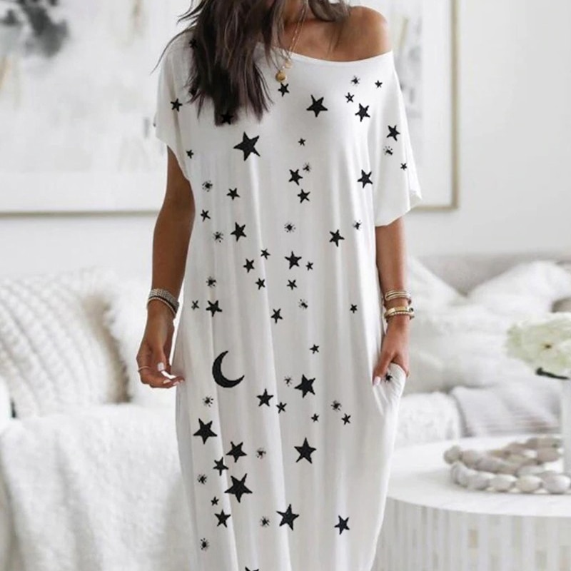 Hors épaule étoile imprimé femmes robe de nuit O cou manches courtes poche ample femme robes longues été dames Homewear