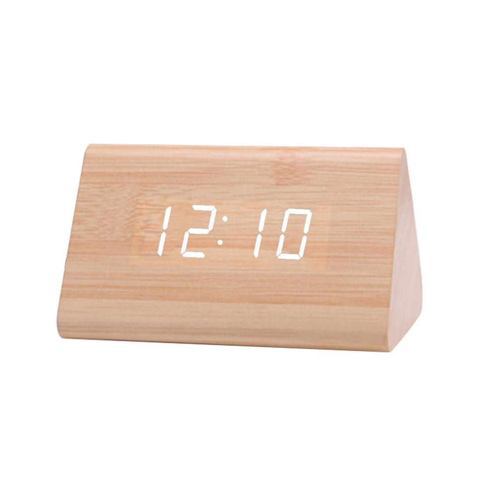 Digital Wooden USB LED Night Light Alarm Clock Thermometer Display Timepiece: Bamboo White