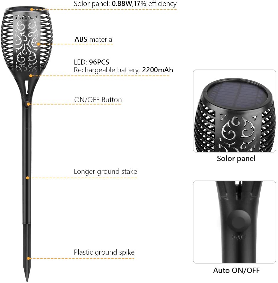 Solar Torch Light Outdoor 96 Led Tiki Torches with Flickering Flame and Three Lighting Modes Waterproof Decoration Lighting