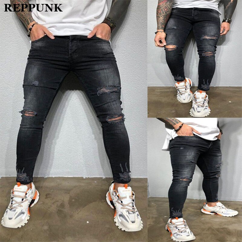 Reppunk svart stretch skinny fit jeans herr knä slitna nödställda hål biker jeans byxor hip hop street stor storlek xxxl