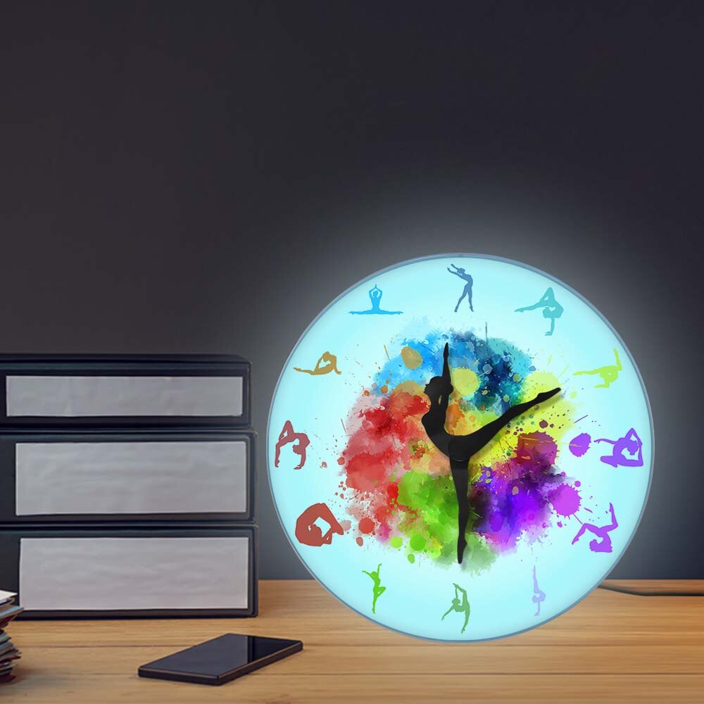Gymnastiek meisjes kleurrijke bedrukte wandklok sport huisdecoratie turnster bewegende klok wijzers decoratief wandhorloge voor meisjeskamer