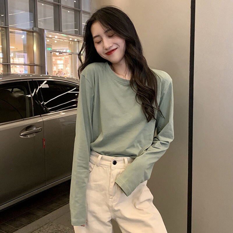 Lange Mouwen T-shirts Vrouwen Solid Simple Basic Casual Mode Ulzzang Studenten O-hals 2XL Zachte Streetwear: regular-green / Xl