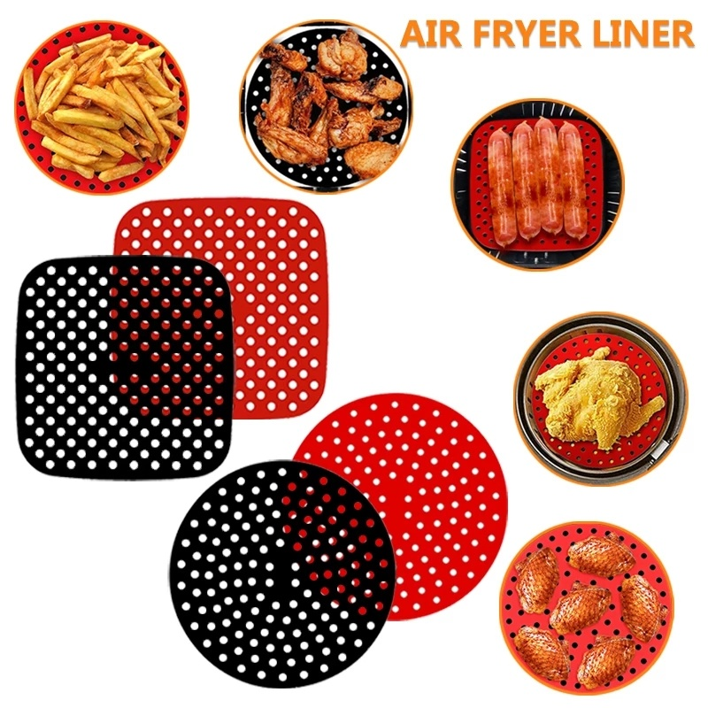 Wiederverwendbare Luft Friteuse Liner Silikon Zubehör Lebensmittel Klasse Öl Matten 7.5/8.5/8/9 Zoll Platz Runde Nicht-Stock Silizium Korb Matten