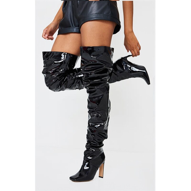 Mstacchi – Botas classiques en peluche pour femme, chaussures confortables plissées à talon épais et bout carré, cuissardes hautes, hiver