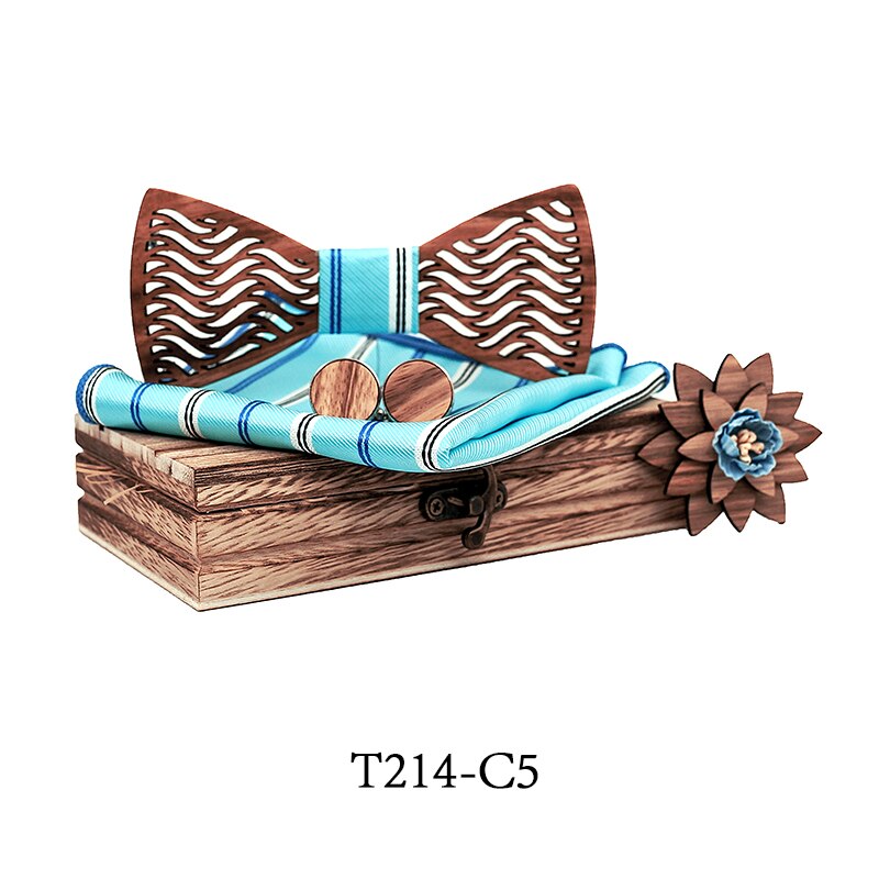 Nowy projekt drewniane drewno wydrążjeden muszki muszka z kieszonką kwadratowe spinki robić mankietów broszka dla mężczyzn zestaw upominków na boże narodzenie z pudełkiem krawaty: T214-C5