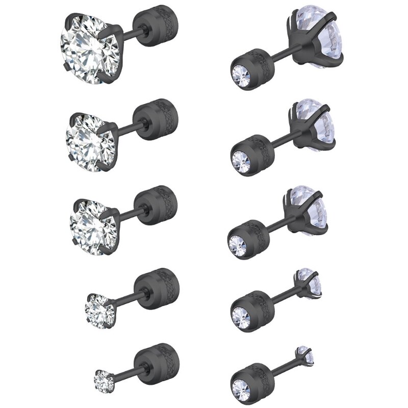 5 Pairs Rvs Cubic Zirconia Stud Oorbellen Set Voor Hypoallergeen Multi-Piercing Oren Van Mannen Vrouwen Jongens Meisjes: Black