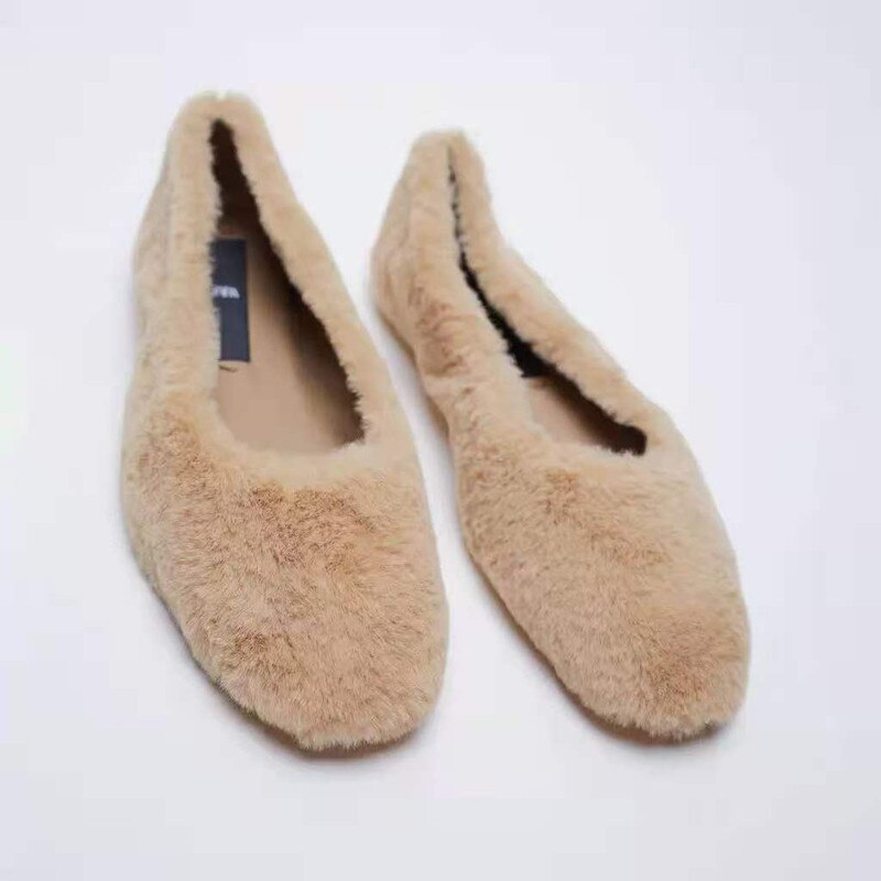 ZA Single Maomao Shoes Light Beige Fur Plush Flat with Ballet Shoes Winter warm Boat shoes for women