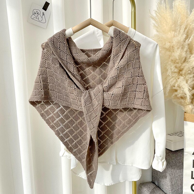 Knitted Small Shawl Women Wear Spring and Autumn Thin Hollow Shawl,Sunscreen and Warm Pure Color Triangular Shawl: camel