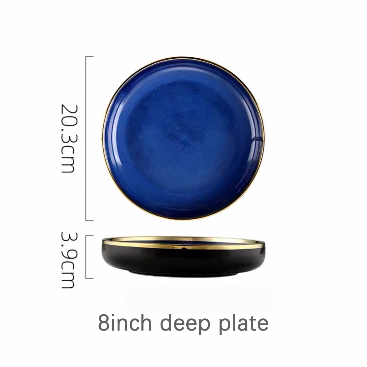 Service de vaisselle en céramique bleue, vaisselle de luxe, bordure dorée, porcelaine, assiettes, salade, nouilles, bol pour Restaurant: 8inch deep plate