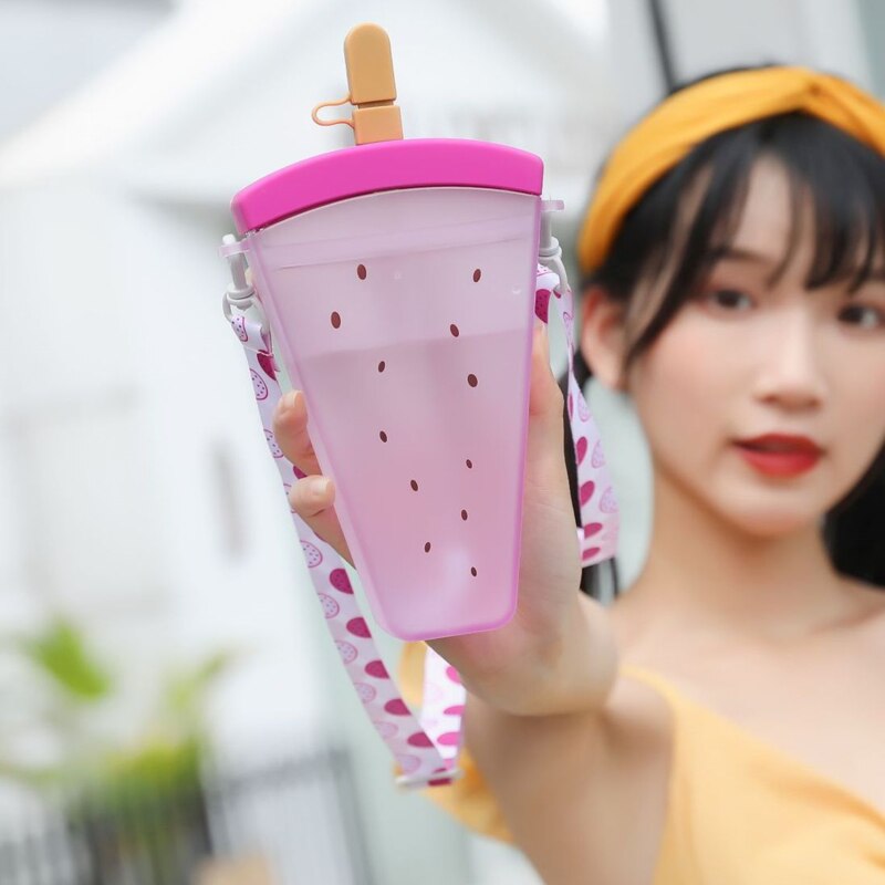 Plastic Water Bottles Cute Watermelon Ice Cream Water Bottle With Straw Bottle Anti-fall Portable Popsicle Cup Kids Water