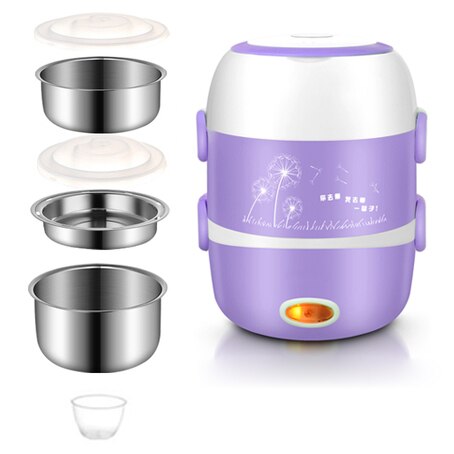 DMWD Electric Mini rice cooker 2/3 layers stainless steel liner portable egg boiler steamer food warmer lunch box multicooker 2L: Three layers purple / 220V