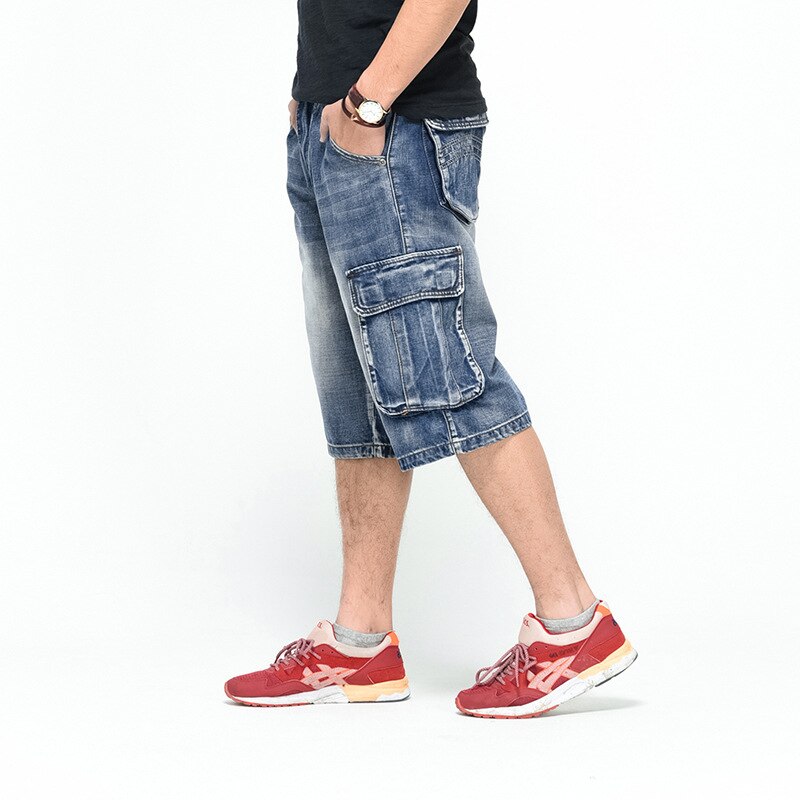 Pantalones vaqueros cortos para hombre, Shorts holgados de talla grande, urbana, Hip Hop, Capri, Bermudas con bolsillo, color azul, 3/4