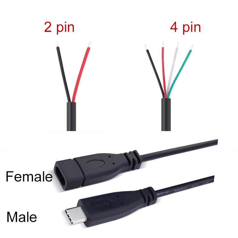 25cm USB 2.0 Type-C Power Supply Extension Wire Cable Charger Connector Male Female Plug 2-pin 4-pin Data line 1pcs/5pcs