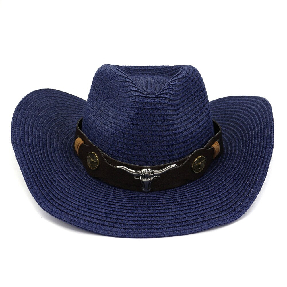 Sombrero de vaquero tejido Vintage para hombre y mujer, sombrero de paja clásico para exteriores, para la playa, Panamá: Azul