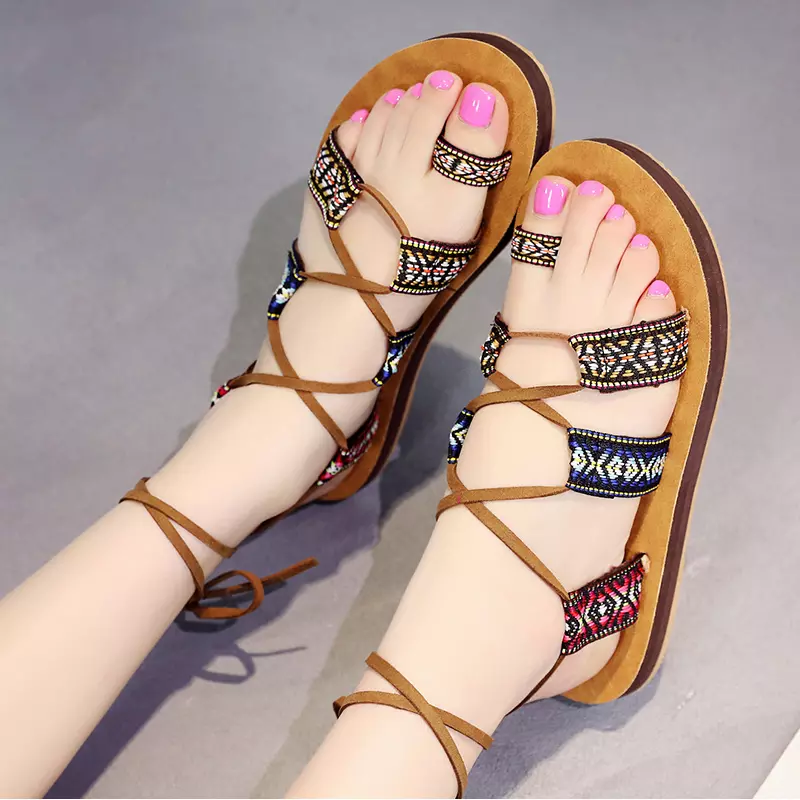 Yin Senda-sandalias romanas con cordones para mujer, zapatos planos de playa para verano