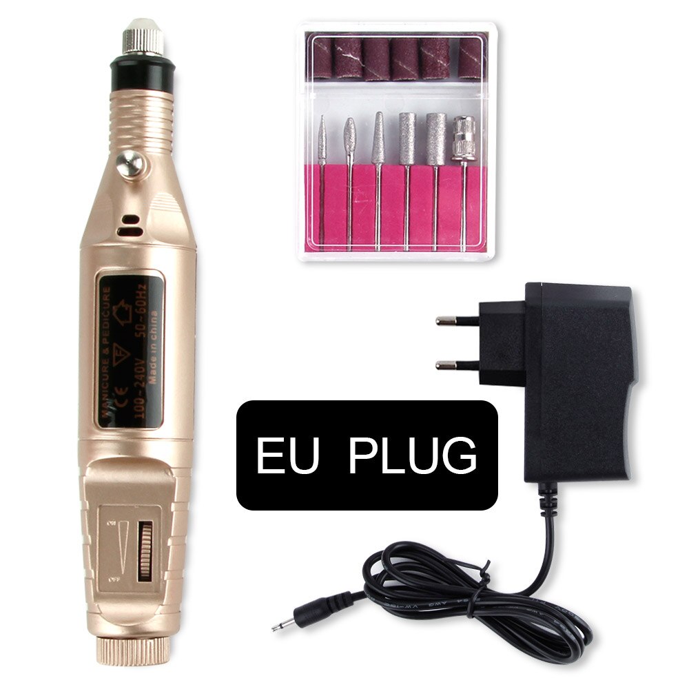 Manicure Machine Pen Pedicure Machine Nail File Nail Tools 6 Bits Drill Electric Nail Drill Manicure Apparatus Tool: EU Plug Gold