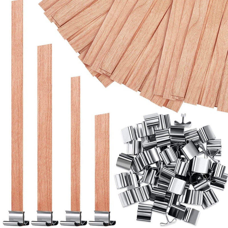 Mechas para velas de madera Natural, mechas para velas de madera gruesa, núcleos de mecha con soportes de hierro para fabricación de velas artesanales 100P: Default Title