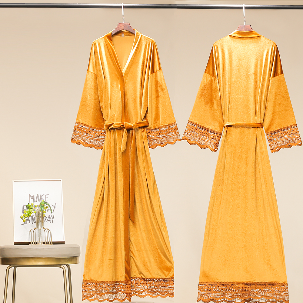 Długi jednokolorowy aksamitny szlafrok dla kobiet szata druhna szaty koronki wykończenia aksamitna szlafrok kimono suknia ślubna czarny aksamit winterrobe: pomarańczowy