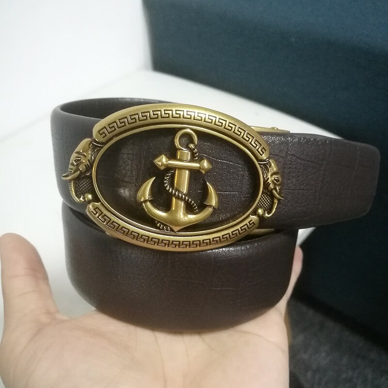 Gold Anchor Belts Men Luxury Brand Automatic Buckle Leather Waist Belt for Jeans Kemer riem: Deep Brown G Buckle / 120CM